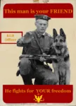 beret dog gun hammer_and_sickle kalashnikov kgb poster propaganda red_star rifle star this_man_is_your_friend weapon // 422x585 // 221KB