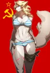 anthro blonde_hair blue_eyes breasts canine female furry hammer_and_sickle lewd lingerie red_star scar star telnyashka // 885x1280 // 933KB