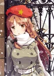 anime beret brown_eyes brown_hair girl scarf snow soviet_union star touhou // 858x1200 // 234KB