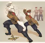 aircraft airplane alexandrov_ensemble anime anthro artist:hideki_kaneda blue_eyes borzoi breasts brown_eyes canine clap clapping dance dog female furry il-2 ilyushin large_breasts male peaked_cap red_star scar star strike_aircraft // 1741x1655 // 2.5MB