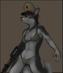 anthro bikini blue_eyes canine dog furry grenade_launcher gun husky peaked_cap red_star star swim_suit weapon // 870x1000 // 252KB