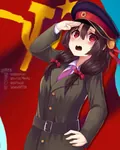 anime brown_hair flag hammer_and_sickle kono_subarashii_sekai_ni_shukufuku_wo! peaked_cap red_eyes red_flag red_star salute yunyun // 1080x1350 // 144KB