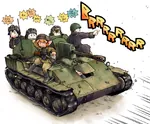 anime armored_fighting_vehicle black_eyes black_hair cannon catgirl ginger_hair gun helmet japanese_text meta:translation_request ppsh-41 red_star self_propelled_artillery star su-76 submachine_gun tank tank_destroyer tank_helmet ushanka war weapon world_war_ii // 850x700 // 647KB