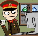 computer desk drink hammer_and_sickle kremlin meta:lowres peaked_cap russia russian_sfsr soviet_union uniform // 429x409 // 69KB