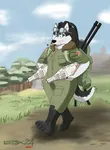 anthro autocannon backpack blue_eyes canine cigarette dog furry goggles gun husky machine_gun red_star rocket smoking weapon // 942x1280 // 176KB