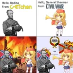 1:1_aspect_ratio american_civil_war blonde_hair blue_eyes character:rodina character:rodina_(getchan) chibi confederate_flag confederate_states pioneer sherman site:get site:bunkerchan site:getchan united_states // 680x680 // 439KB