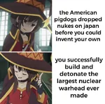 anime bomb brown_hair drake explosion fork hat knife kono_subarashii_sekai_ni_shukufuku_wo! mage megumin nuclear point pointing_finger red_eyes soviet_union tsar_bomba witch witch_hat // 828x820 // 82KB