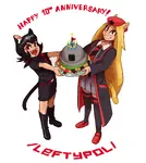 anniversary artist:ppdppl black_hair blonde_hair bunker cake candle catgirl character:alunya character:rodina character:rodina_(picg) flag site:leftypol // 5792x6485 // 11MB