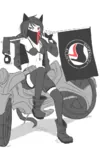 anti_fascism artist:catgirl_drawfriend biker black_hair bra catgirl character:alunya flag jacket motorcycle red_eyes shorts site:leftypol socks vehicle // 665x1000 // 216KB