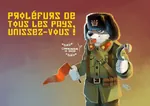 anthro blue_eyes canine dog faux_cyrillic flag french_text furry red_flag red_star sickle star tool ushanka workers_of_the_world_unite // 680x481 // 45KB