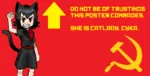 arrow artist:ppdppl black_hair catgirl character:alunya comrade hammer_and_sickle post raised_fist red_eyes scarf site:leftypol thread // 961x487 // 105KB