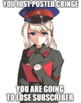 anime blonde_hair blue_eyes cringe female hammer_and_sickle impact_font nkvd peaked_cap red_star soviet_union star uniform // 499x633 // 216KB