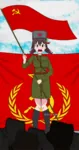 anime blush brown_hair flag hammer_and_sickle kono_subarashii_sekai_ni_shukufuku_wo! meta:highres nervous red_flag red_star soldier soviet_union star uniform ushanka yunyun // 2508x4750 // 2.6MB