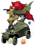 amber_eyes anime armored_car armored_fighting_vehicle ba-64 beret blonde_hair blue_eyes cape female flag glasses grenade gun hammer_and_sickle handgun machine_gun nkvd purple_eyes purple_hair red_hair red_star revolver soviet_union star stick_grenade war weapon world_war_ii // 820x1080 // 722KB