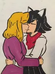 artist:étienne black_hair blonde_hair catgirl character:alunya character:grace cute green_eyes kiss monarcho_socialism site:leftypol yuri // 724x965 // 114KB