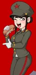 anime artist:shadman black_eyes black_hair food hot_dog juche kim kim_yo_jong korea korea_dpr meta:edit peaked_cap red_star star wink // 409x840 // 54KB