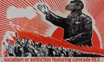 china dinosaur mao_zedong maoism poster propaganda red_flag red_star rising_sun socialism_or_extinction t-rex // 1118x668 // 369KB