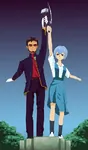 anime ayanami_rei blue_hair gendo_ikari glasses hammer_and_sickle neon_genesis_evangelion pose red_eyes statue sun_glasses worker_and_kolkhoz_woman // 586x1000 // 128KB