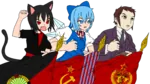 black_hair blue_eyes blue_hair catgirl character:alunya cirno fairy flag meta:highres meta:transparent_background moe_lenin raised_fist red_eyes red_flag scarf site:get site:leftypol site:ref site:getchan spoiler touhou ussc // 3200x1800 // 918KB