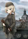 anime armored_fighting_vehicle blonde_hair blue_eyes brown_hair city german_democratic_republic germany gun kalashnikov nationale_volksarmee rifle t-55 tank weapon // 849x1200 // 1.2MB