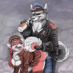 alcohol anthro blue_eyes breasts canine female from_behind furry husky lewd male nkvd peaked_cap penetration red_star sex star straight vodka yellow_eyes // 1250x1252 // 543KB