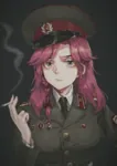 anime artist:tuzik10 blue_eyes cigarette hammer_and_sickle medal militia peaked_cap pink_hair police red_star smoking soviet_union star uniform // 826x1169 // 1.3MB