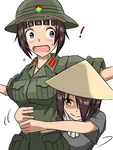 anime artist:ho_chi_meme exclamation_mark guerrilla hat hug meta:highres national_liberation_front_vietnam rice_hat uniform vietnam // 1668x2224 // 326KB