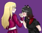 black_hair blonde_hair blush catgirl character:alunya character:grace green_eyes kiss monarchism monarcho_socialism scarf site:leftypol yuri // 1022x814 // 459KB