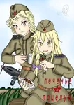 aircraft airplane anime blonde_hair braid candy chocolate cookies cup fighter meta:translation_request poster red_army red_star russian_text soviet_air_forces soviet_union star tea war world_war_ii yellow_eyes // 700x990 // 150KB