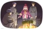 anime artist:horikou blue_eyes brown_hair camp fire kagamihara_nadeshiko peaked_cap pink_hair red_star smile soldier soviet_union uniform ushanka yurucamp // 1200x796 // 114KB