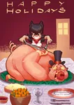 anthro apple artist:ppdppl black_hair bourgeoisie cannibalism capitalism catgirl character:alunya eat_the_rich food fork fruit hat knife mashed_potatoes pig porky potato red_eyes site:leftypol thanksgiving // 885x1254 // 185KB