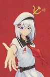 anime art female flag hammer_and_sickle hand reaching_out red red_background russian_text tears uniform // 4465x6747 // 9.7MB