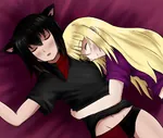 black_hair blonde_hair blush catgirl character:alunya character:grace hug monarchism sleep yuri // 1280x1084 // 154KB