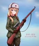 anime artist:zapnik blonde_hair blue_eyes gun meta:highres mosin-nagant red_star rifle scope sniper_rifle soldier star uniform ushanka war weapon world_war_ii // 1828x2160 // 731KB