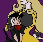 annoyed black_hair blonde_hair breasts character:alunya domination lucy_glittergold red_eyes size_difference // 500x484 // 44KB