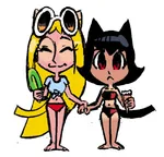 artist:ppdppl black_hair blonde_hair catgirl character:alunya character:political_ideology_catgirls character:rodina character:rodina_(picg) glasses ice_cream red_eyes sun_glasses swim_suit // 605x580 // 66KB