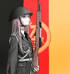 anime artist:rampart1028 carbine flag german_democratic_republic germany girls_frontline gloves green_eyes gun helmet nationale_volksarmee pink_hair simonov_(girls_frontline) sks soldier uniform weapon // 1500x1600 // 1.0MB