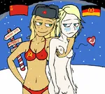 bikini blonde_hair blue_eyes breasts countrylove food german_democratic_republic germany green_eyes hammer_and_sickle heart lewd nude red_star sausage snow soviet_union swim_suit ushanka yuri // 812x727 // 465KB