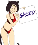 based bikini black_hair catgirl character:alunya meta:transparent_background reaction_image sign // 434x512 // 126KB