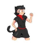 black_hair catgirl character:alunya meta:highres raised_fist red_eyes scarf site:leftypol // 2448x2434 // 851KB