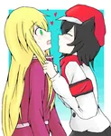 armband black_hair blonde_hair catgirl character:alunya character:grace green_eyes hat kiss monarchism site:leftypol yuri // 1280x1556 // 189KB