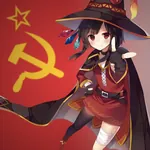1:1_aspect_ratio anime brown_hair hammer_and_sickle hat kono_subarashii_sekai_ni_shukufuku_wo! mage megumin meta:lowres point pointing_finger red_eyes red_star soviet_union star witch witch_hat // 750x750 // 167KB