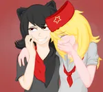 black_hair blonde_hair cap catgirl character:alunya character:rodina character:rodina_(getchan) laugh laughing_girls meta:lowres pioneer red_eyes red_star scarf site:get site:leftypol site:getchan smug star // 449x401 // 145KB