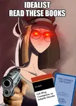 book catgirl character:leninism_catgirl glowing_eyes gun handgun hat idealism impact_font karl_marx marxism pistol reading soviet_union vlada_golovina vladimir_lenin weapon // 500x693 // 97KB