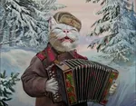 accordion anthro artist:alexander_zavaly cat feline hammer_and_sickle red_star snow ushanka // 1200x933 // 220KB