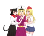 black_hair blonde_hair blue_eyes catgirl character:alunya character:grace character:rodina character:rodina_(getchan) green_eyes meta:absurdres meta:highres meta:transparent_background monarcho_socialism pioneer red_eyes site:get site:leftypol site:getchan yuri // 3408x2800 // 2.7MB