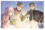 accordion anime artist:horikou food hammer_and_sickle kagamihara_nadeshiko pink_hair red_star soldier ushanka yurucamp // 1200x804 // 767KB