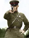 cheka gun handgun meta:lowres meta:photo nagant nkvd officer peaked_cap point reaction_image revolver uniform weapon // 384x500 // 32KB