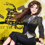 1:1_aspect_ratio anime blue_eyes brown_hair capitalism gadsden_flag gun handgun libertarianism meta:highres monocle pistol snake weapon // 2048x2048 // 563KB