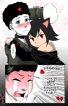 black_hair blue_eyes catgirl character:alunya crying first_time hammer_and_sickle hug red_eyes red_star site:leftypol speech_bubble star template ushanka // 801x1239 // 984KB